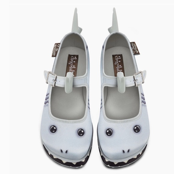 Unique Smiley Shark Fun Embellished Chunky Platform Closed Toe Mary Jane Wedges - Picture 6 of 9